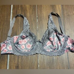 Gloria Vanderbilt Gray Lace Underwire Bra with Pink Rose Print